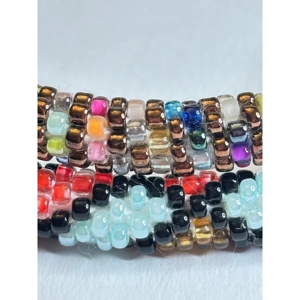 Set of 2 Handmade Glass Seed Bead Roll-On Crochet Bracelets Boho Geometric 7in